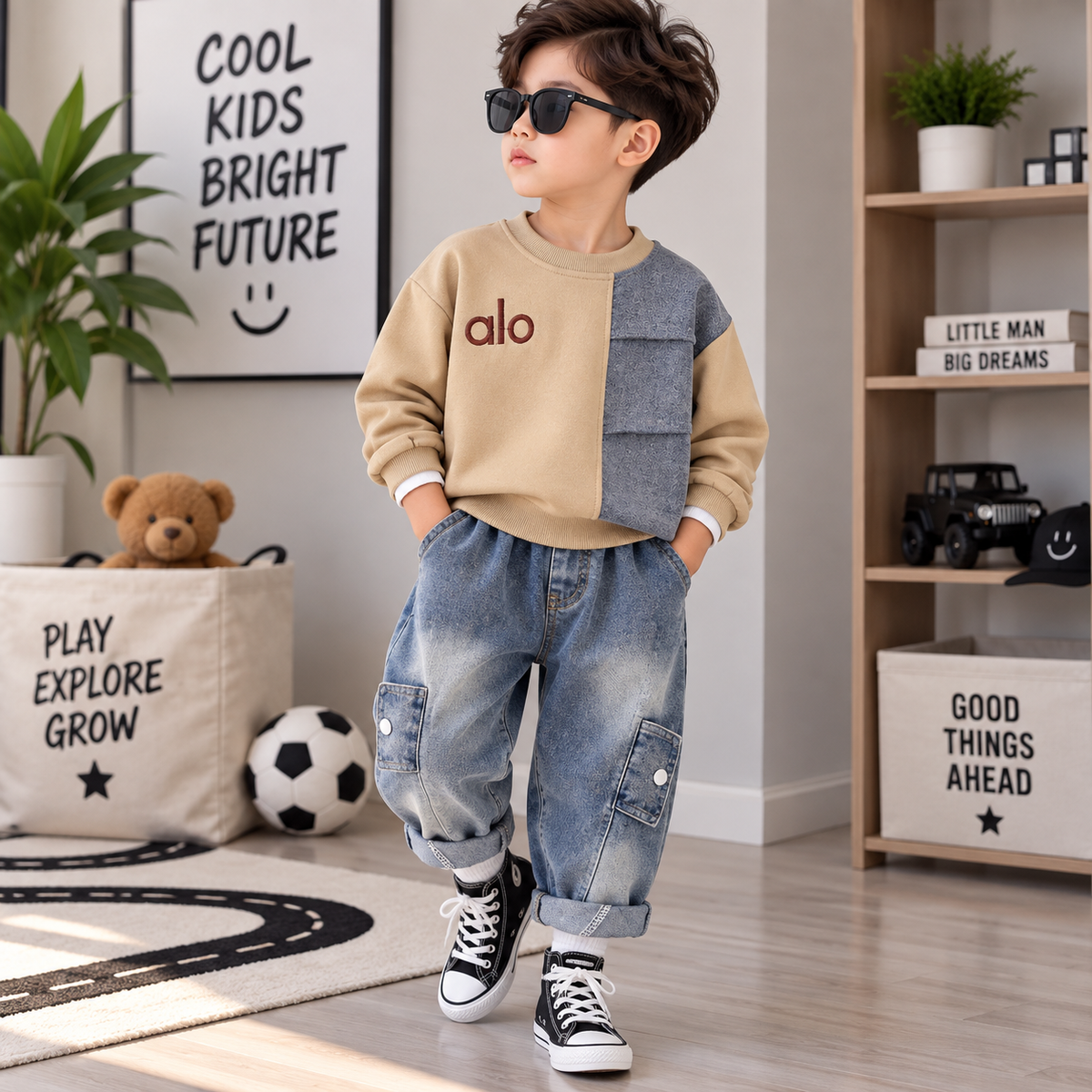 Boys’ Lifestyle 2-Piece Sweatshirt & Denim Pants Set | $15 Per Set | MOQ 24 Sets Per Color | Mixed Sizes .