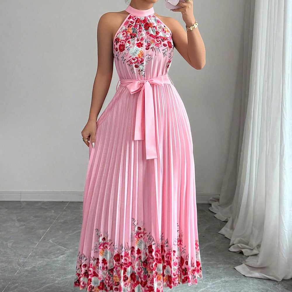 Women’s Floral Print Halter Neck Pleated Maxi Dress with Waist Tie – $19.99 Unit Price | MOQ 24 Pieces.Size S-xl