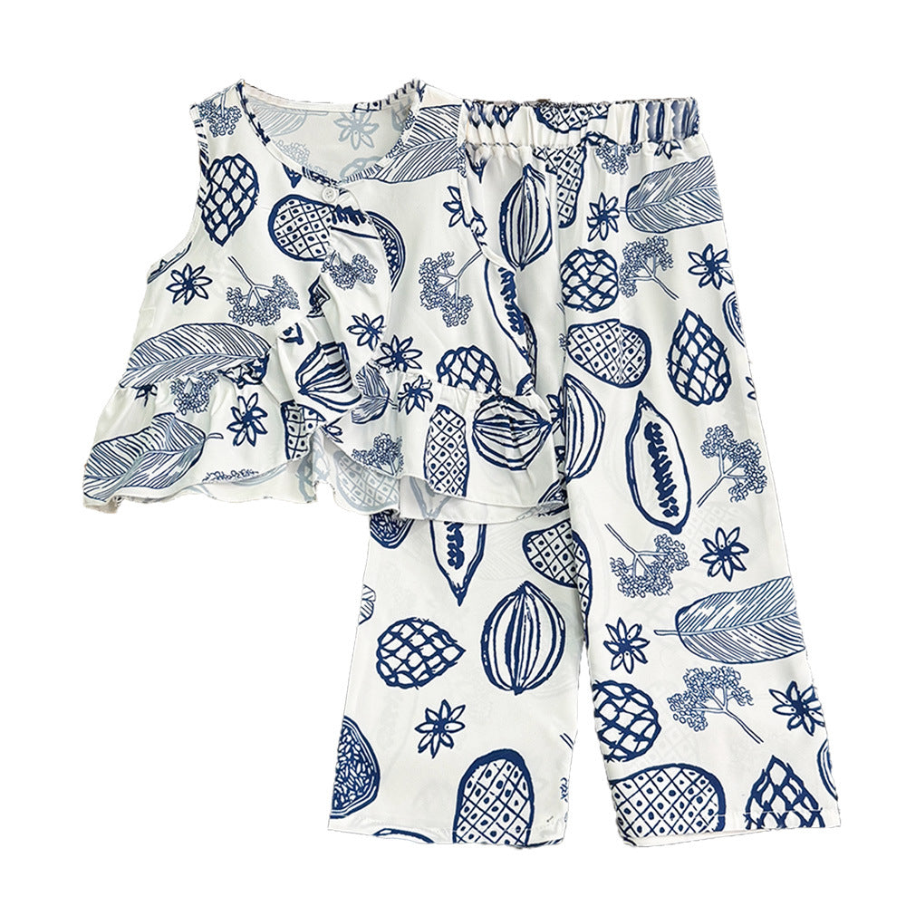 Girls' Set Summer Plant Print Casual Sleeveless Top and Long Pants Two-Piece Set  New Style Wholesale Drop Shipping