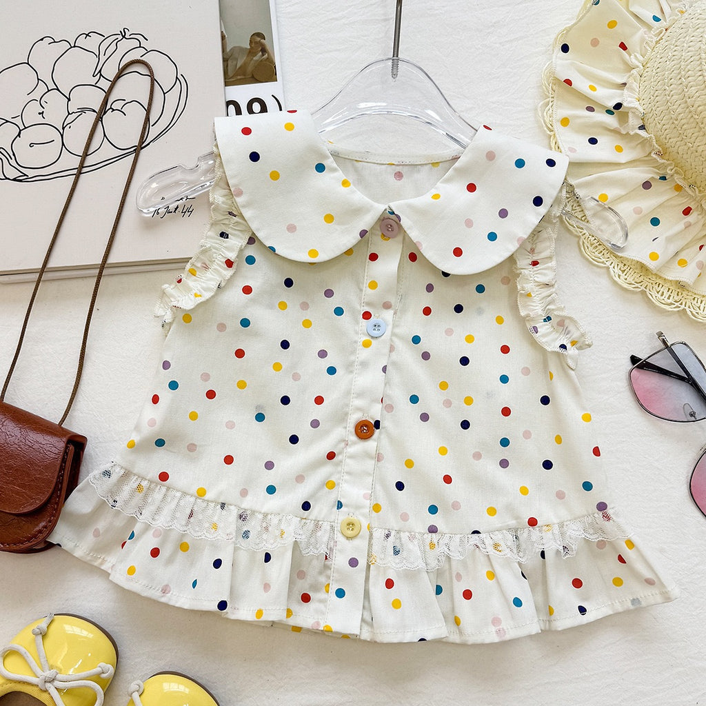 Cute Polka Dot Outfit for Girls, Baby Doll Collar Sleeveless Top with Layered Skirt Two-Piece Set, Fashionable Casual Wear