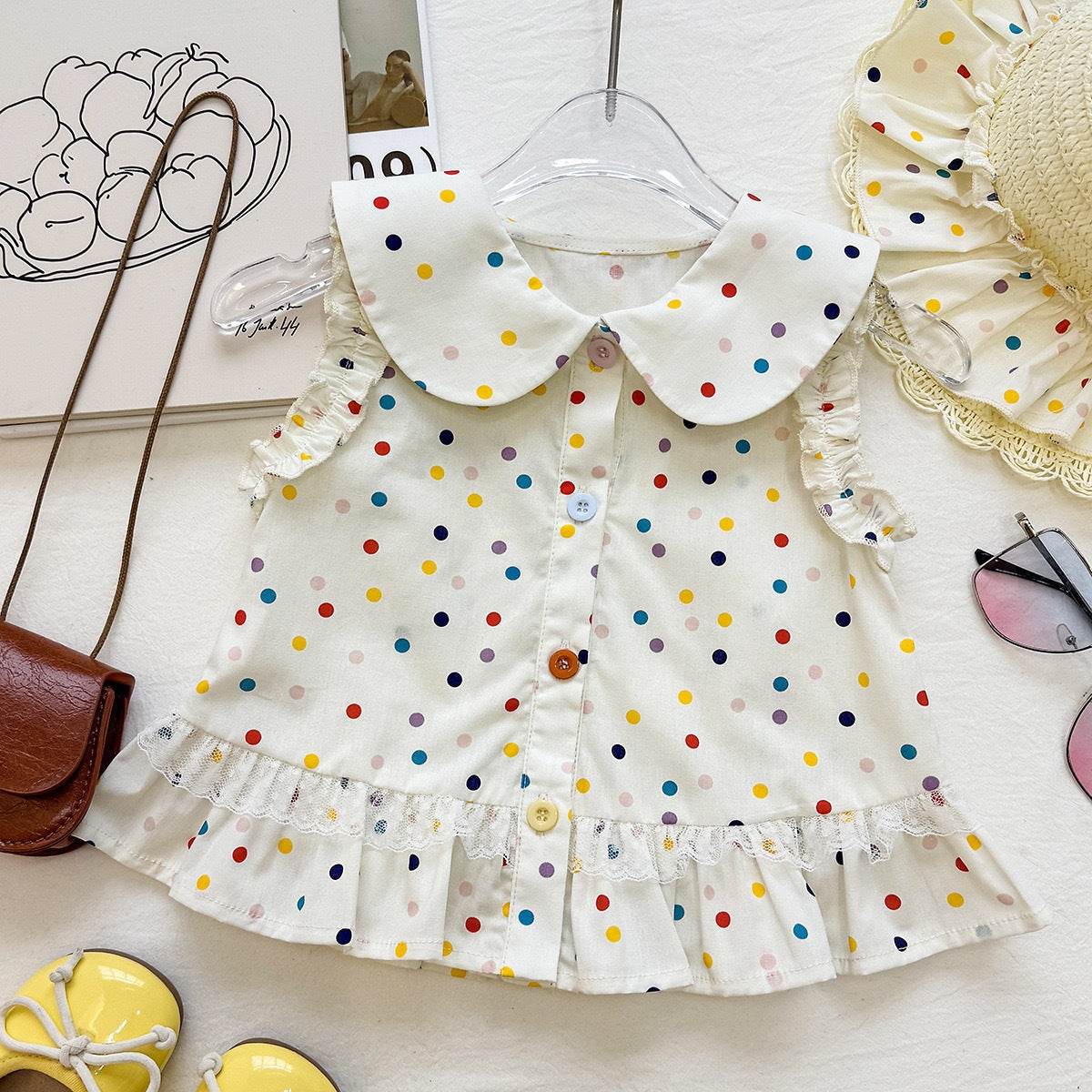 Cute Polka Dot Outfit for Girls, Baby Doll Collar Sleeveless Top with Layered Skirt Two-Piece Set, Fashionable Casual Wear