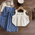 Girls' Cherry Embroidery Tank Top and Denim Wide-Leg Pants Two-Piece Set Fashion Baby Outfit Summer