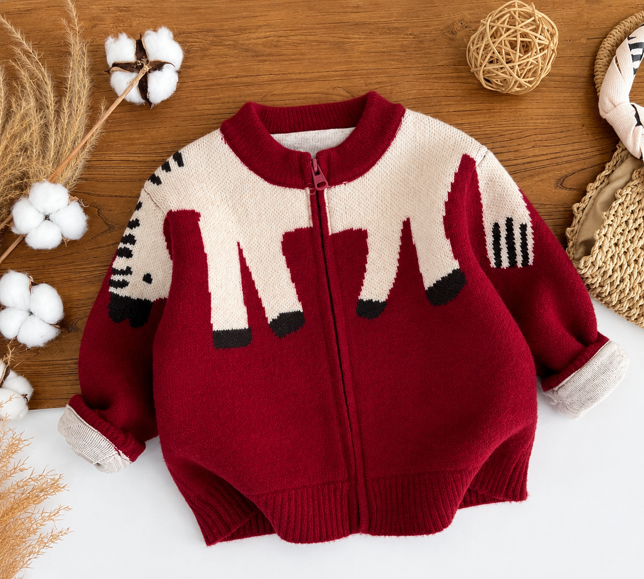 Kids Red Animal Print Zip-Up Knit Sweater – $4.30 Unit Price | MOQ 5