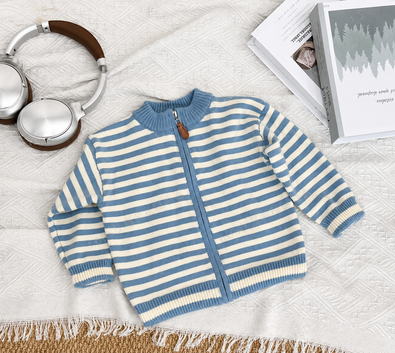 Kids Blue & Cream Striped Zip-Up Knit Cardigan – $3.50 Unit Price | MOQ 5