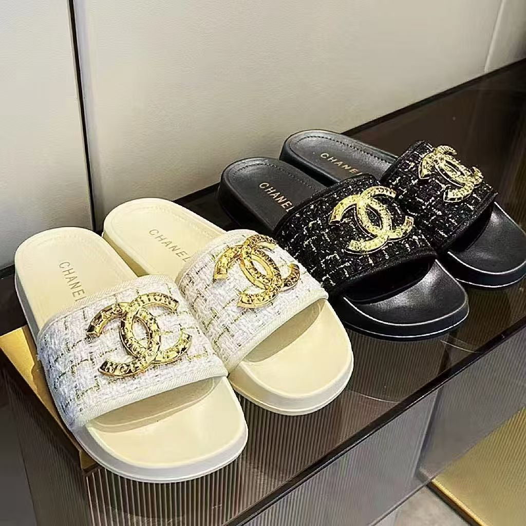 Chanel Tweed CC Logo Slide Sandals |all mixed  $12.5/pair | MOQ 120 Mixed | 2 Colors