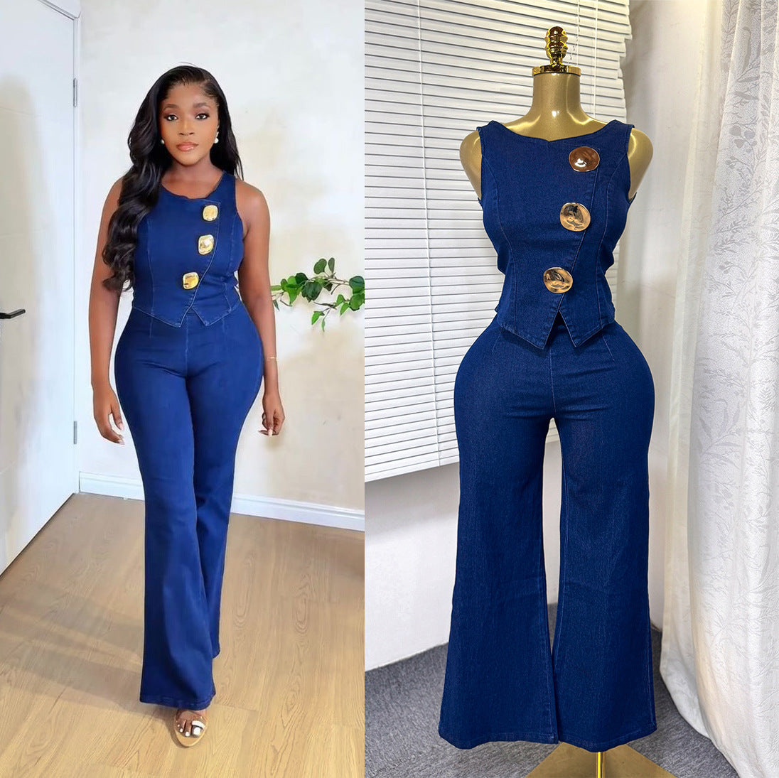 Women's Denim 2-Piece Set – Gold Button Vest & Flare Pants | $30/Set | MOQ 10 / S-2xl