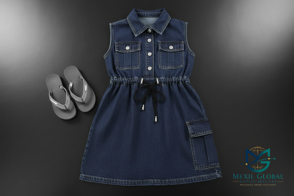 Girls Denim Cargo Dress - Flat Lay with Shoes