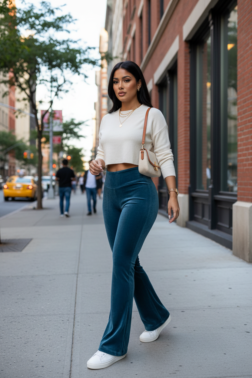 Woman wearing teal velvet flare-leg pants with white sneakers in a trendy city setting