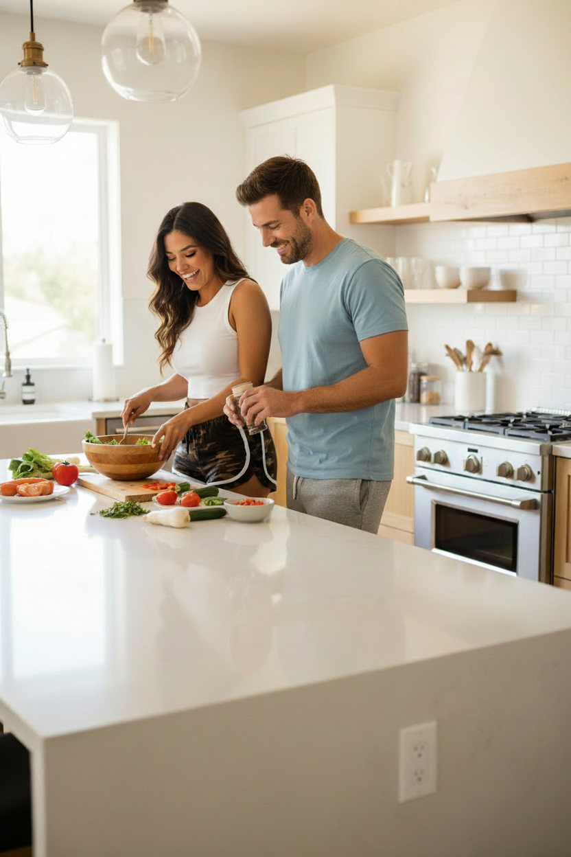 Stylish woman wearing black and brown camouflage athletic shorts in a bright kitchen with her husband