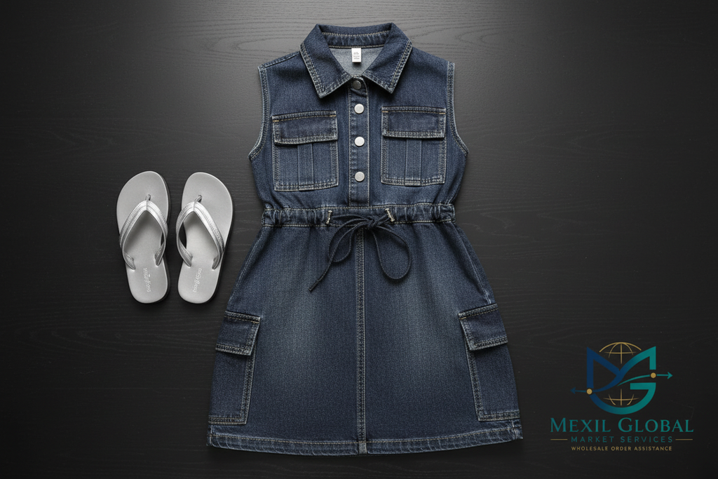 Girls Denim Cargo Dress - Dark Background Flat Lay
