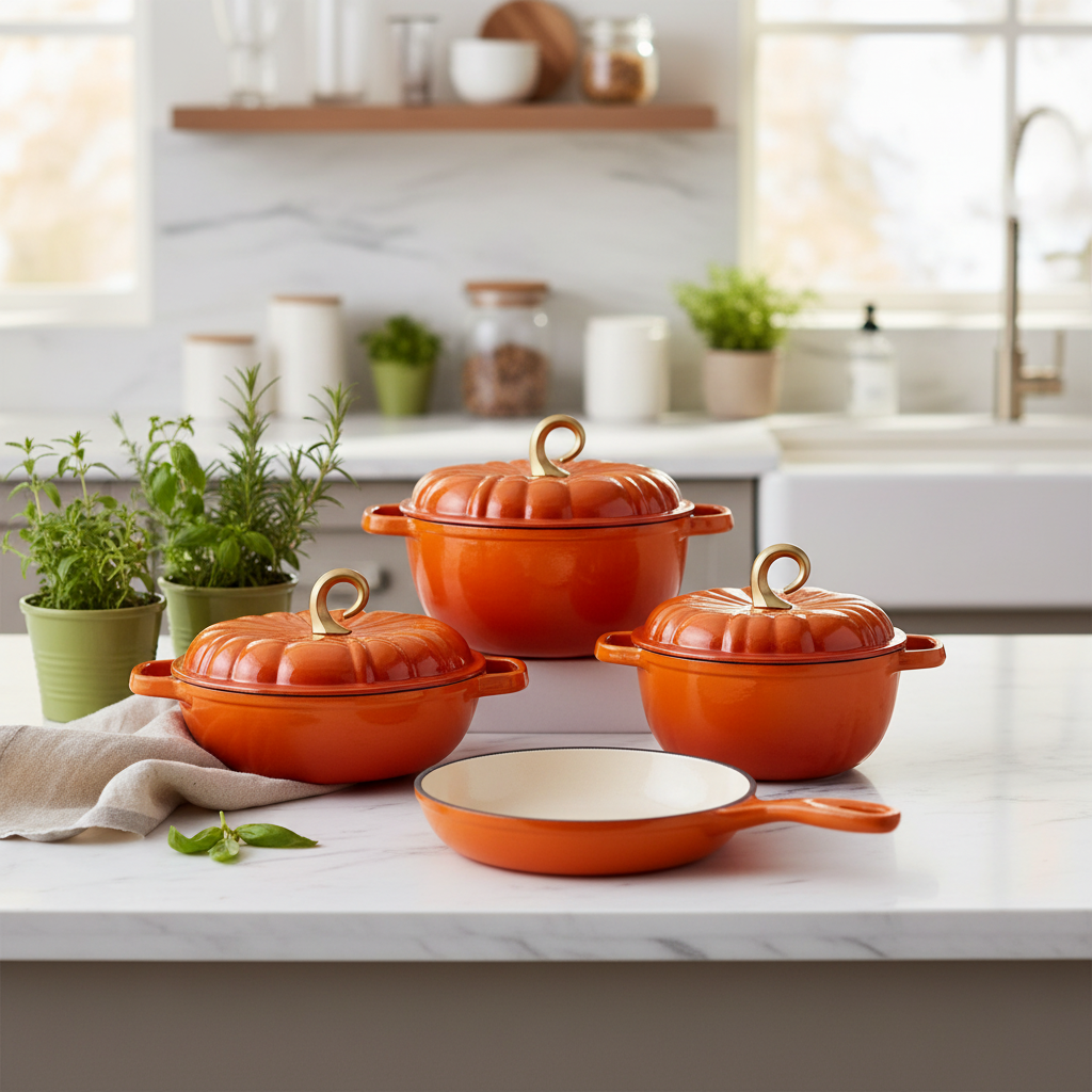 Orange cast iron cookware set lifestyle on marble countertop