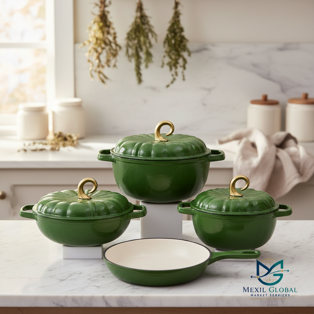 Green cast iron cookware set lifestyle on marble countertop