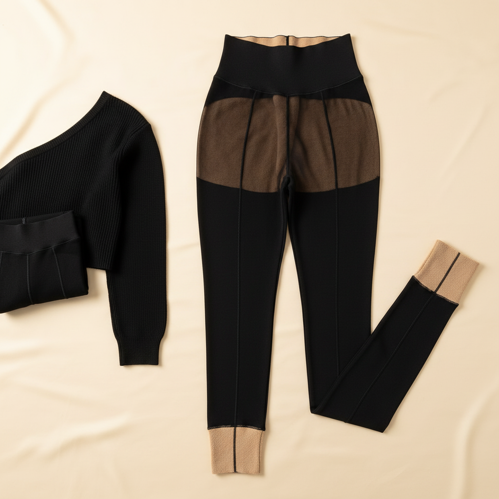 Black high-waisted faux-sheer fleece-lined shaping tights with soft lining detail