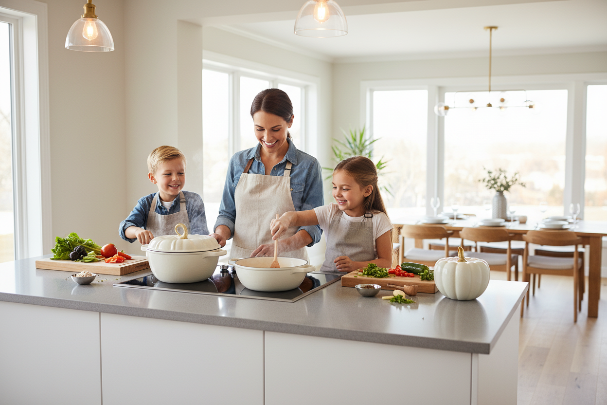White cast iron cookware set family cooking lifestyle