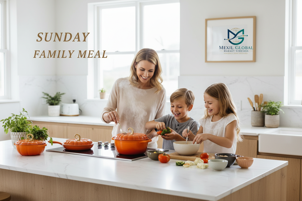 Orange cast iron cookware set family cooking lifestyle