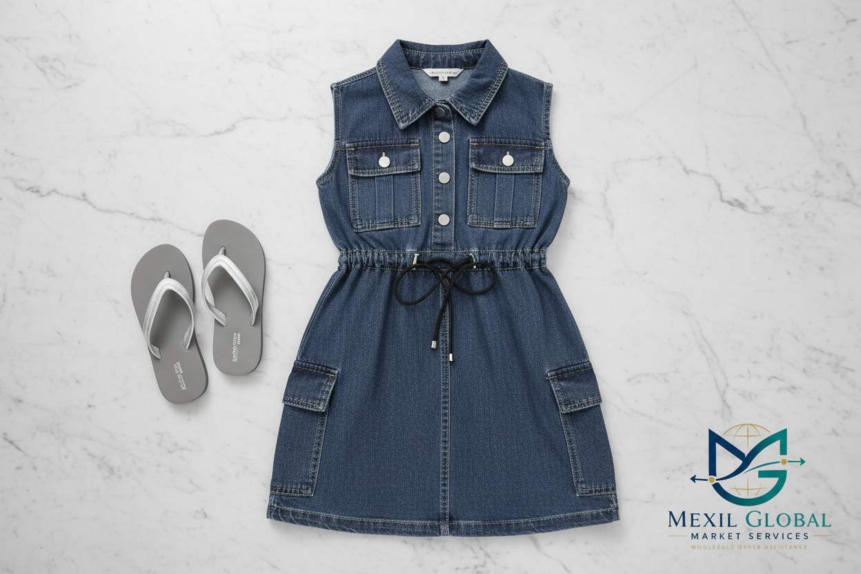 Girls Denim Cargo Dress - Marble Background Flat Lay