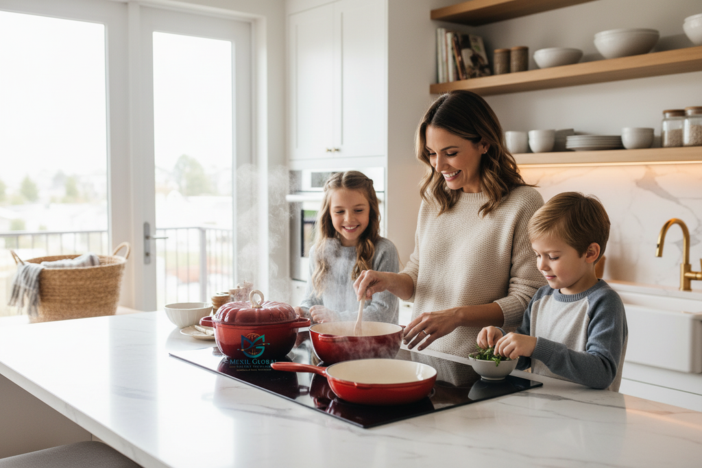 Red cast iron cookware set family cooking lifestyle