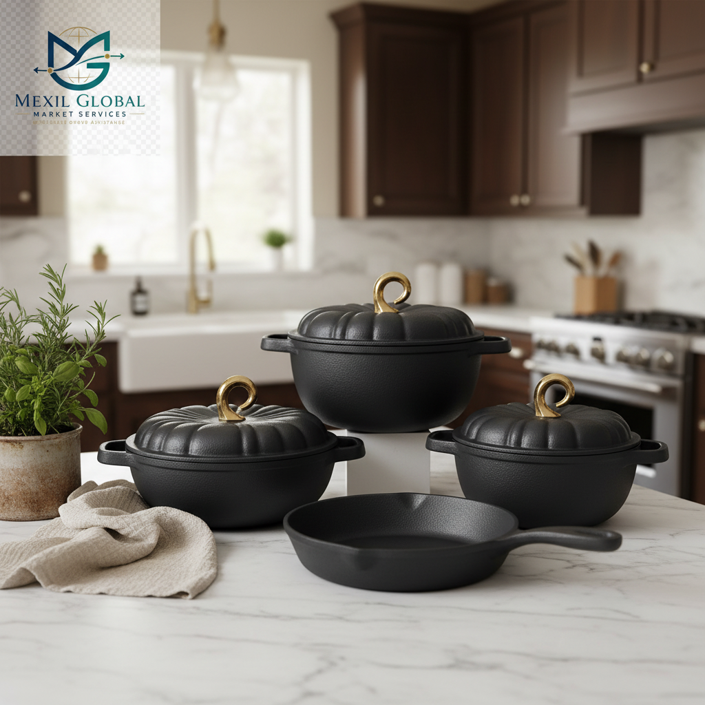 Black cast iron cookware set lifestyle on marble countertop