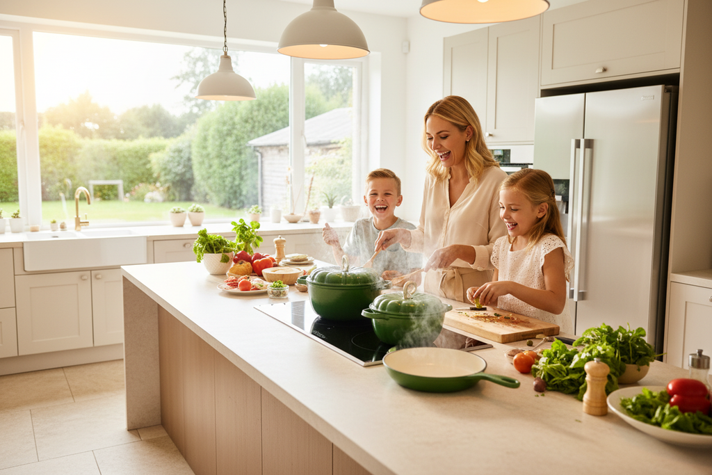 Green cast iron cookware set family cooking lifestyle
