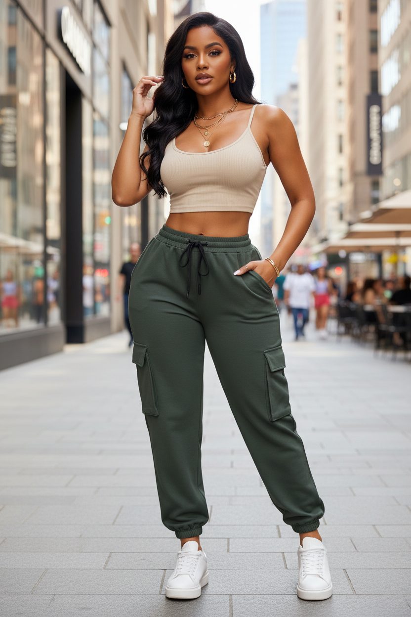 Black woman wearing olive green cargo jogger pants with white sneakers in a modern city setting