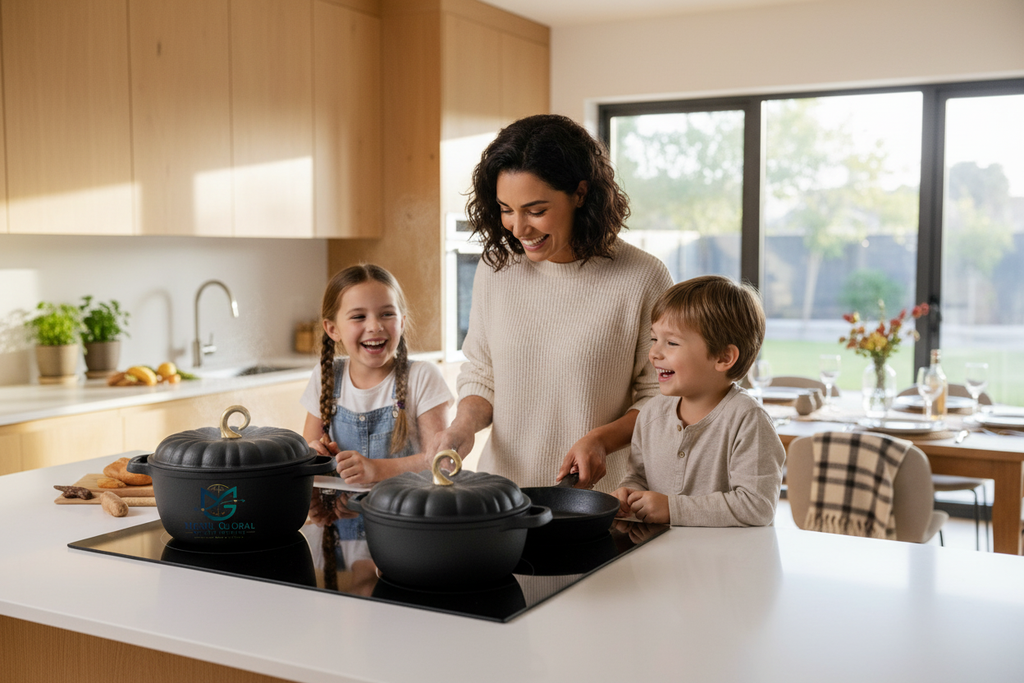 Black cast iron cookware set family cooking lifestyle
