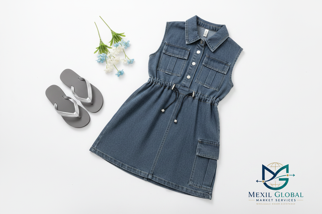 Girls Denim Cargo Dress - White Background Flat Lay