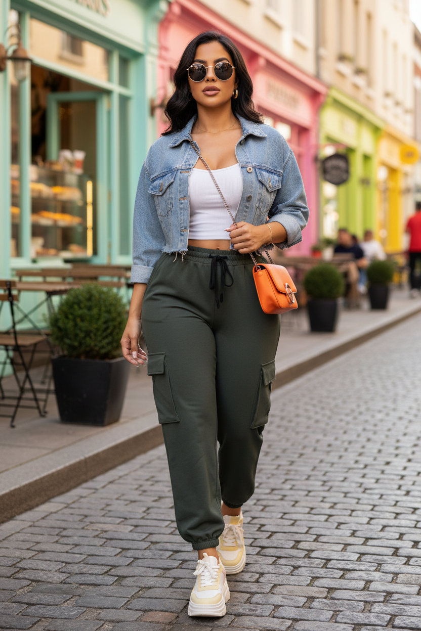 Woman wearing olive green cargo jogger pants with sneakers and a denim jacket in a colorful city street