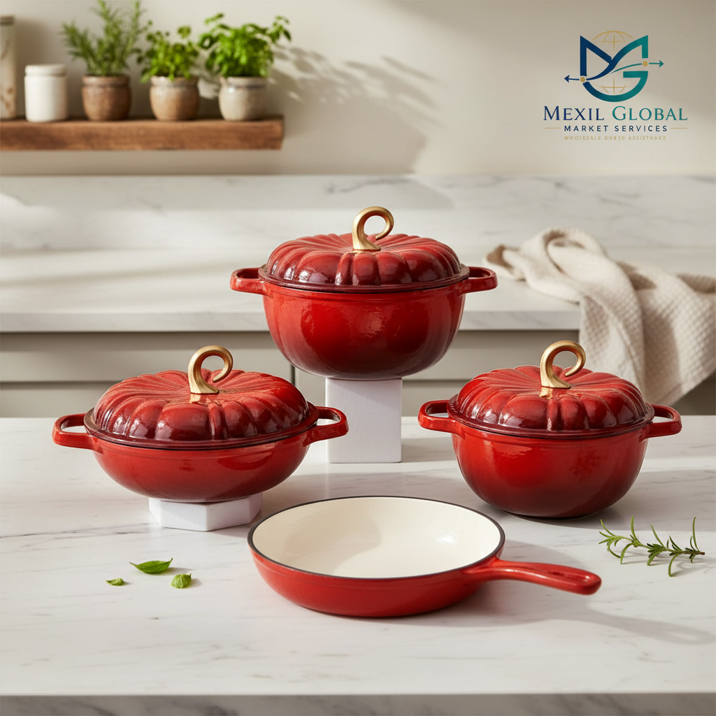 Red cast iron cookware set lifestyle on marble countertop