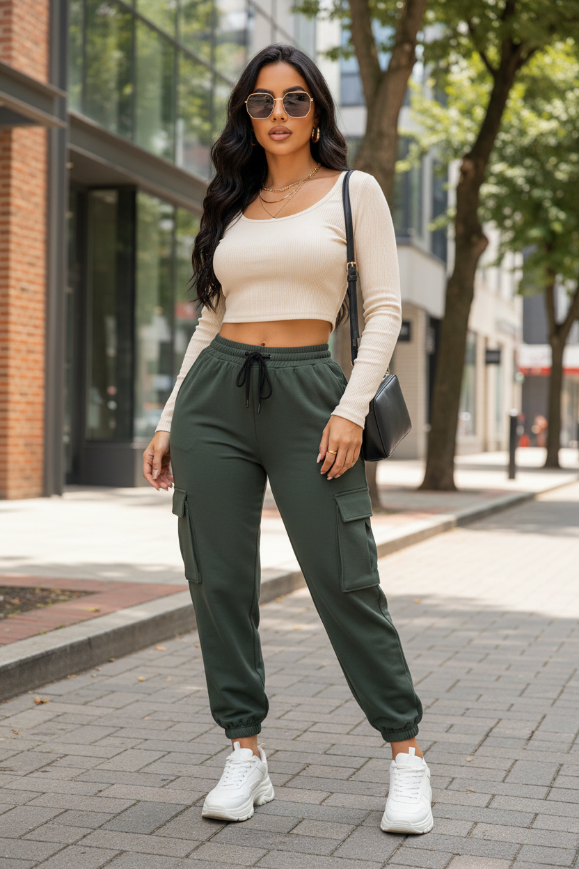 Woman wearing olive green cargo jogger pants with white sneakers in an urban setting