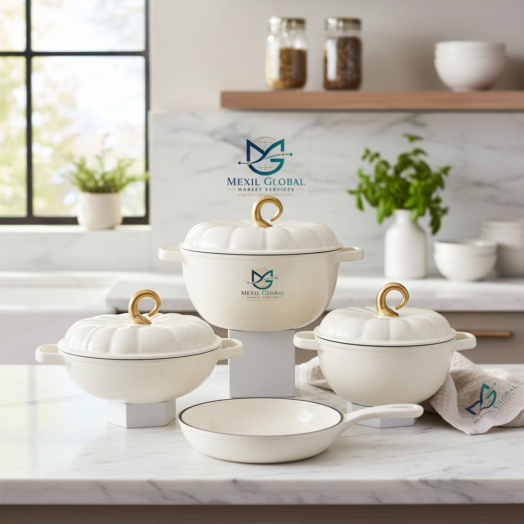 White cast iron cookware set lifestyle on marble countertop
